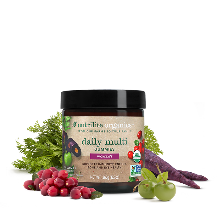 Frasco de Nutrilite Organics Women’s Daily Multi Gummies con frutas y vegetales